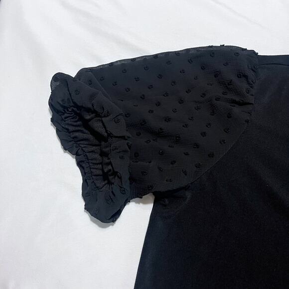 Adrianna Papell Size Large Black Puff Sleeve Swiss Dot Top Blouse Elegant Dressy - Picture 5 of 7